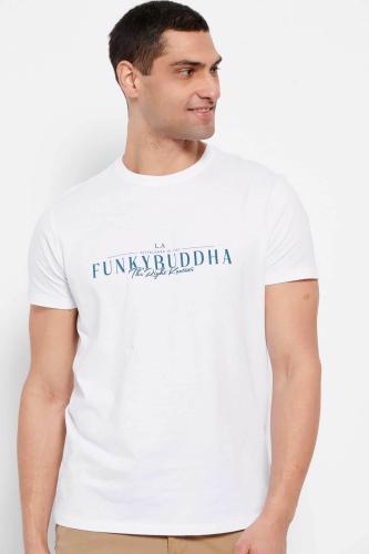 Funky Buddha ανδρικό βαμβακερό T-shirt με contrast lettering και logo label στο πλάι - FBM007-023-04 Λευκό XXL